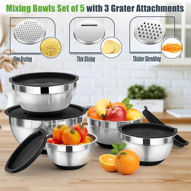 P&P CHEF Mixing Bowl with Lid Set, 5 Piece Stainless Steel Mixing Nesting Bowls for Salad Storage, 3 Grater Attachments & Non-Slip Bottoms, Size 1/1.5/2 / 2.6/4.6 QT, Black - Image 2